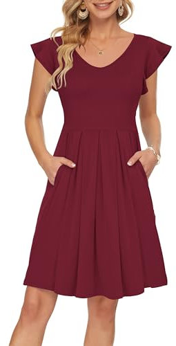 PLOKNRD Sommerkleid Damen V-Ausschnitt Midi Kleider mit Taschen Knielang Blütenblättern Kurzarm Freizeit Strandkleider Weinrot L