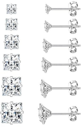 6 Paires Boucle d'Oreille Acier Inoxydable Zircone Cubique Clous d'Oreilles pour Homme Femme Argent Piercing Oreille Cartilage Hélix Tragus, 3-8mm