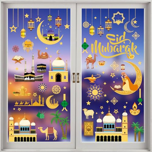 Ramadan Fensteraufkleber, 9 Blätter Fensterbilder Ramadan, Eid Mubarak Fensterbilder für Fensterdeko, Muslim Fenstersticker Selbstklebend Ramadan Sticker Muslim Deko Stern Halbmond Fenste Aufkleber