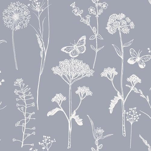 Timeet Self Adhesive Wallpaper Grey and White 44x300CM Peel and Stick Wallpaper Floral Butterfly Sticky Back Plastic Wallpaper Vinyl Warp for Bedroom Living Room Wall Cabinet