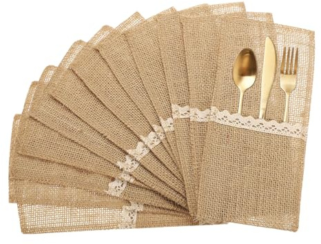 QUARKZMAN 24Pcs Housses de Couverts en Dentelle de Jute 4 x 8 avec Nœud | Pochette de Couverts Porte-Couverts en Argenterie en Jute Naturel Sac en Toile de Jute Sac à Serviette en Dentelle