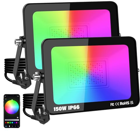 YOJZMA 2er-Pack 150W LED-Flutlicht für den Außenbereich mit Stecker, intelligente RGB-DIY-Szenen, Farbwechsel-Landschaftsbeleuchtung mit APP-Steuerung, IP66 wasserdichte Flutlichter für Gärten