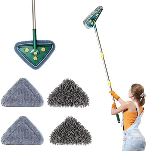 Triangle Cleaning Mop 360° Rotatable, Adjustable Extendable 75 inch Handle Clean Mop, Microfiber Dry and Wet Dust Mops with 4 Cloth for Wall Ceiling Window Floor Tile Tub