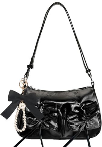 JeVenis Borsa a tracolla da donna, borsa hobo alla moda Y2K pochette in pelle verniciata carino fiocco borsa, Nero