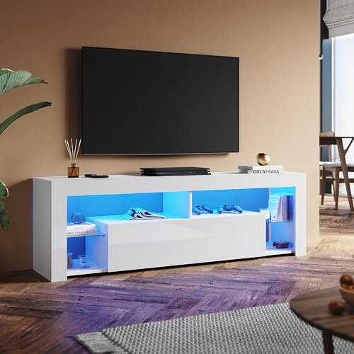 SUNXURY TV Board 160cm Modern TV Schrank mit Glasböden 160 x 35 x 50,5 cm Viet Stauraum, TV lowboard mit Schranktüren Weiß Hochglanz