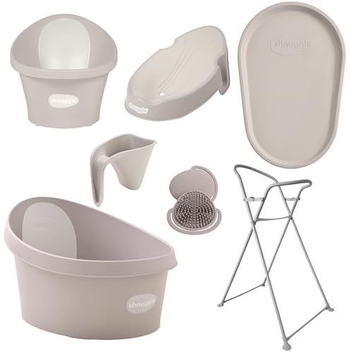 Shnuggle Complete Baby Bath & Changing Bundle – Newborn to Toddler Bath Set with Stand, Squishy Changing Mat, Brush & Rinse Jug (0–4 Years)