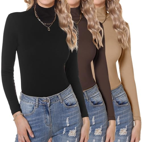 Aottori 3er Pack Langarmshirt Damen Rollkragen Slim Fit Stretch | Rollkragenshirt Set, Oberteile Langarm, Basic Tops, Casual, Einfarbig, Herbst Winter, für Alltag Freizeit Büro
