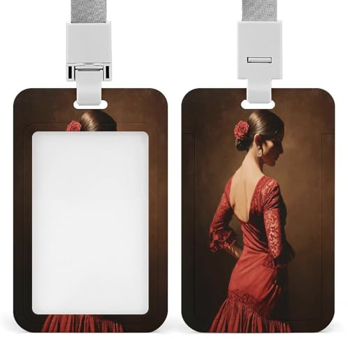 Jubonexis Ausweishalter, Motiv: Frau mit rotem spanischem Kleid, einziehbarer Clip, Kartenschutz, Namensschild, Namensschild für Arbeit, Büro, Arzt, Krankenschwester