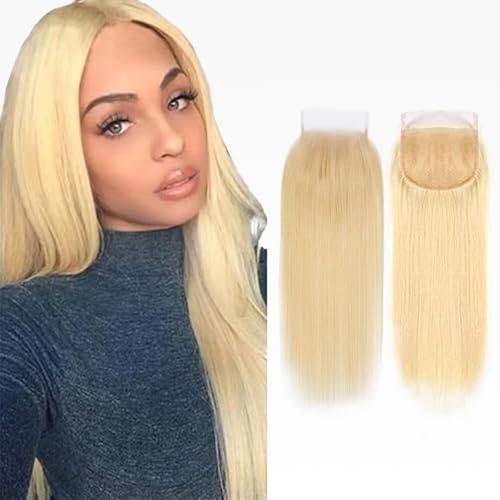 Evaxilc #613 Light Blonde 4X4 Lace Closure Unprocessed Remy Straight Brazilian Virgin Hair Transparent Lace Closures Sew in Natural Hairline Echte Menschliche Haare Perücke for Women 18 Inch