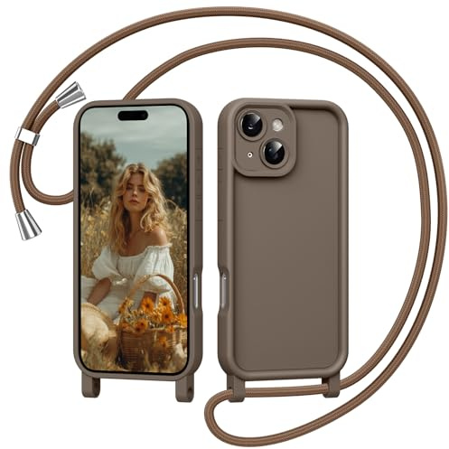 Coiwxmoi Handyhülle für iPhone 14 6,1 Hülle mit Band, Silikon Handyband Hülle mit Abnehmbar Einstellbar Kordel Kette zum Umhängen Stoßfeste Kameraschutz Schutzhülle für iPhone 14, Braun