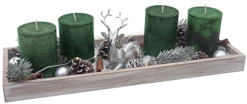 Adventskranz Adventsgesteck Deko-Tablett Holz länglich Adventskerzen Grün LED Lichterkette Silber Hirsch 40 cm