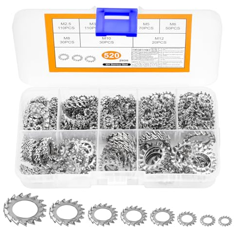 520 PzRondelle di Sicurezza, Rondelle Acciaio Inox, Anelli di Ritegno, Rondelles Dentate Zigrinate, Rondelles di Bloccaggio con Denti Interna, M2,5 M3 M4 M5 M6 M8 M10 M12