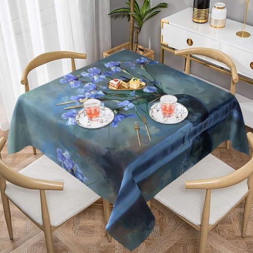 AKGFFDS Iris in a Vase, bedruckte quadratische Tischdecke, 137,2 x 137,2 cm, wasserdicht, knitterfrei, wiederverwendbar, für Cafés, Buffet, Picknicks, Hochzeiten, Partys