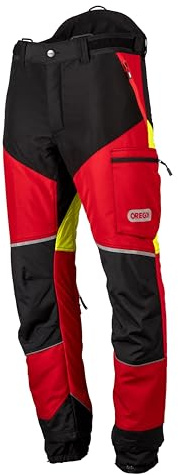 Oregon - Pantalones de Motosierra Protect Pro, EPI Alta Visibilidad, Transpirable, 4 bolsillos, Equipo de Protección Profesional para Motosierra y Tareas Forestales, Rojo/Amarillo, Talla M