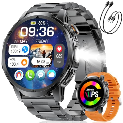 1,85'' Montre Connectée Homme Militaire - Appel Bluetooth, 1000mAh, Torche | Grande Écran, 100+ Sportmodi, IP68 Étanche, Fréquence Cardiaque, Moniteur de Sommeil, Montre de Fitness pour iOS Android