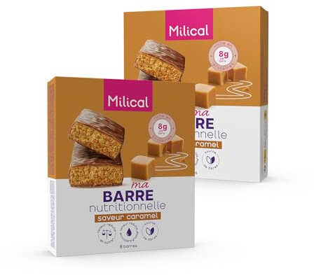 MILICAL Barre Nutritionnelle goût caramel| Riche en protéines et sources de fibres | A teneur réduite en sucres et matières grasses avec Édulcorants - Etui de 6 barres (Lot de 2, Caramel)