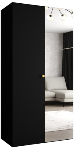 MEBLE KRYSPOL - Kleiderschrank - Garderobenschrank - 100 cm x 202 x 52 cm - Schrank mit Kleiderstange und Spiegel, 2 Türen - für Schlafzimmer, Flur - Parma, Schwarz, Griff Gold