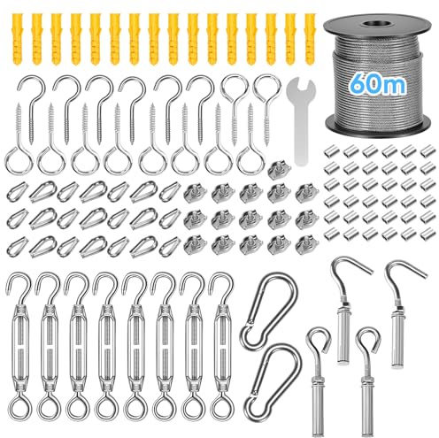 60M Garden Wire Kit for Climbing Plants 2mm 304 Stainless Steel Wire Rope with M5 Turnbuckle Tensioner Hooks Clips Vine Eyes for Hanging String Lights Fence Trellis Clothesline Outdoor Heavy Duty