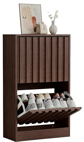 UEV Schuhschrank mit 2 Klappen Holz, Schuhregal Schmal (Dunkelbraun) | Schuhkipper mit Kippschutz & verstellbaren Trennwände für Flur Eingang Wohnzimmer, Schuhkommode Flurkommode 52x24x86,5cm