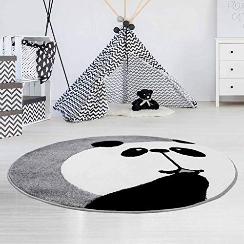 Kinderteppich Panda-Bär Grau - 160 cm Rund - Teppich Tier-Motiv Kinderzimmer für Mädchen und Jungen