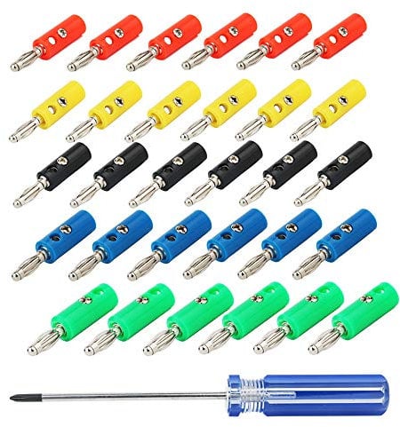 CESFONJER4mm Banana Plugs, Speaker Banana Connectors, for AV Receivers, Amplifiers, Surround Sound, Banana Wall Plates, Corrosion-Resistant (6 Red, 6 Green, 6 Blue, 6 Yellow,6 Black+Screwdriver)