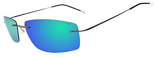 RONSOU Ultraleichte Randlose Titanmode Polarisierte Sonnenbrille für den Außenbereich_Graue Rahmen Grün Linse (gespiegelt)