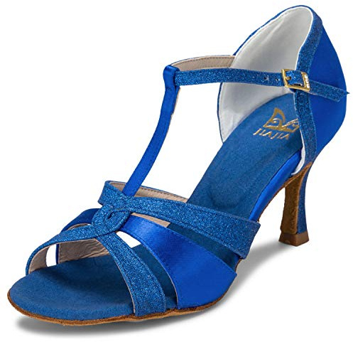 JIAJIA 20519 Latin Dam Sandaler 7,5 cm Flared Heel Super Satin Dansskor Färg Blå,Storlek 37 EU (4 UK)