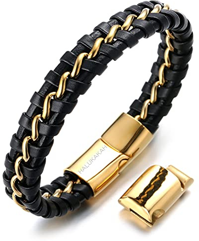 Halukakah ● Solo Silber/Ehre Gold/Nachtwache Schwarz ● Herren-Armband Handgefertigt | Echtleder in Schwarz | Magnetverschluss aus Edelstahl | Titan Kette | KOSTENLOS Geschenkbox