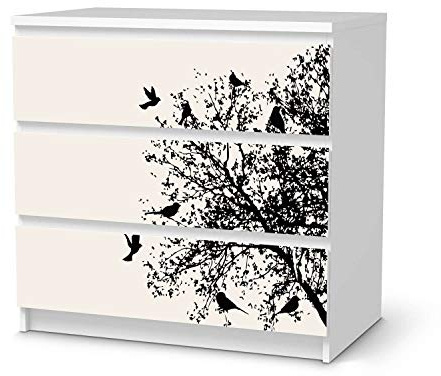 Möbel-Tattoo passend für IKEA Malm Kommode 3 Schubladen I Möbelsticker - Möbel-Sticker Aufkleber Folie I Innendekoration für Esszimmer, Wohnzimmer - Design: Tree and Birds 2