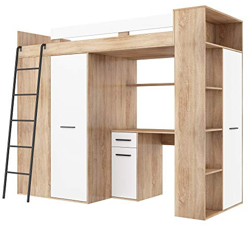 BIM Furniture - Letto a soppalco Entresole VERANA L, letto 190 x 90 cm, con scale, armadio, scaffali, mobili per bambini, lato sinistro