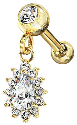 Piercingfaktor Piercing Stecker mit Glitzer Kristall Tropfen Anhänger Ohr Lippe Nasen Cartilage Tragus Helix Labret Nasenpiercing Gold Clear