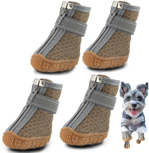 Hcpet Pfotenschutz Hundestiefel, Breathable Hundeschuhe mit Reflektierenden Riemen, Welpenschuhe für Kleine Hunde im Freien, rutschfeste Sohle Hundeschnee Stiefel, 4 Stück