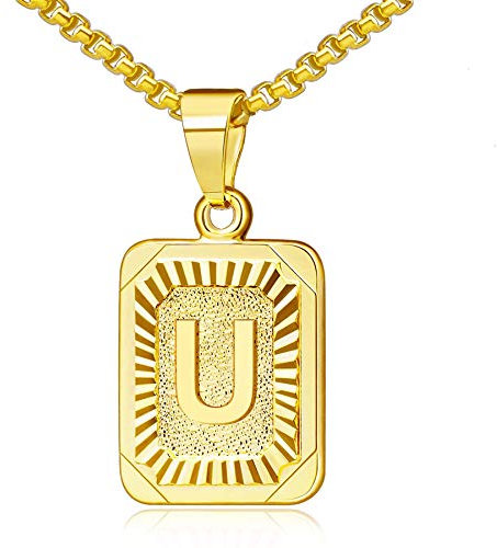 OIDEA Halskette mit Buchstabe U Gold: Unisex Charme Kette für Herren/Damen A-Z Buchstabe Anhänger Rechteck Dog Tag Kette aus Edelstahl Weizenkette Schmuck Geschenk für Männer Frauen