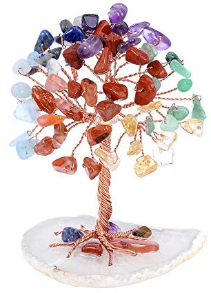 CrystalTears Feng Shui Deko Lebensbaum Handgefertigt Wire Wrap Trommelsteine Kristallbaum mit Achat Basis Dekoration Wohnzimmer Büro Tisch/Chakra