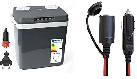 Dino KRAFTPAKET 131001 Kühlbox 12V 230V (WÄRMT & KÜHLT) HÖHE: 44cm GRÖSSE: 32-Liter (28L netto) Elektrische Kühlbox für Auto Boot Camping + 12V-Verlängerungskabel 3,5mX1,5qmm, Schwarz, 131003
