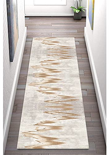 LIHY Teppich Läufer Flur 60×100cm, Beige Ripple Wind Modern rutschfest Korridor Teppichläufer Waschbar, Breite 60cm/ 70cm/ 80cm/ 90cm/ 100cm/ 120cm