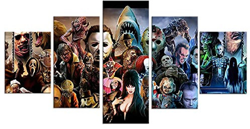 ZHONGYUTONG 5 Stück Horror Movie Wand Poster Klassischer Horror Film Charakter HD Leinwand Kunstdruck Halloween Bild Gemälde (250x120cm, Kein Rahmen)