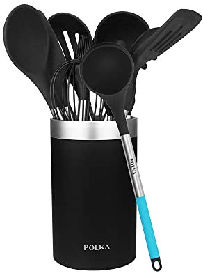 Cecotec Utensilios de Cocina de Silicona Polka Platinum Thunder. Set de 9 piezas Negro, Recubierto Soft touch y Mango de Acero. Materiales: Silicona, Nylon y PP, Incluye Holder Polka