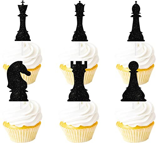 18pcs Black Glitter International Chess Silhouettes Dessert Cupcake Topper Baby Shower Board Game Theme Decor Supplies Boys Girls Happy Birthday Decorations