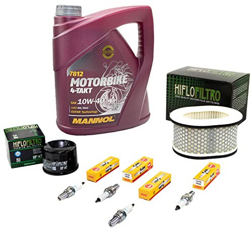 Wartungspaket Öl 4L + Luftfilter + Ölfilter + Zündkerzen für Yamaha FZS 600 FZS600 RJ02 Baujahr 1998-2003