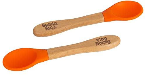 Tiny Dining x2 Children's Bamboo Soft Tip Silicone Spoons - Great for Baby Toddler Weaning - Eco Friendly Kids Dinner Dessert Cereal Spoon - Orange