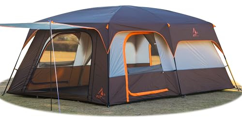 KTT Extra großes Zelt für 10-12 Personen (B), Familien-Kabinenzelt, 2 Zimmer, gerade Wand, 3 Türen und 3 Fenster mit Netz, wasserdicht, doppellagig, großes Zelt für Outdoor, Picknick