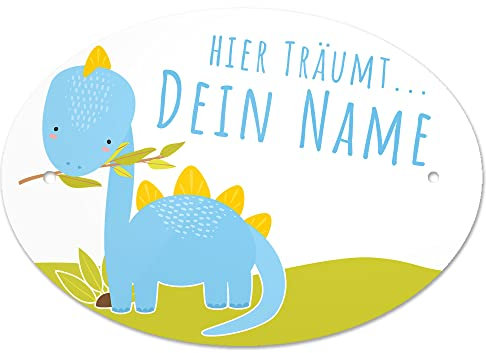 Eurofoto Türschild mit Namen und Motiv mit Dino | Kinderzimmer-Schild personalisiert