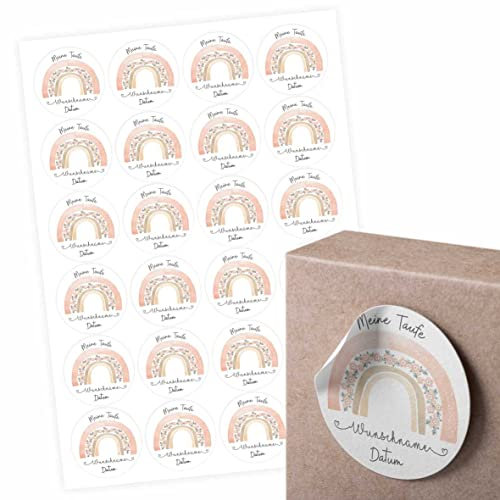 24 Stück Aufkleber zur Taufe - Personalisierte Aufkleber mit Namen und Datum für die Geschenke Ihrer Gäste - 4,5 cm Runde Papieraufkleber Etiketten (Regenbogen)