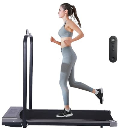 Under Desk Treadmill Foldable with App & Remote Control Bluetooth Speaker Walking Running Pad Machine Adjustable Speeds LED Display for Home or Office A1F with Holder (Grey)