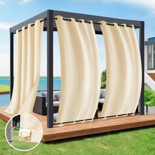 Rosnek Outdoor Vorhang Wetterfest Unten Gewichtet,Outdoorvorhänge mit Ösen H 274xB 132cm Outdoor Vorhänge Wasserdicht Außenvorhang,Winddicht Balkon Gardinen für Terrasse,Pergola,Pavillon,1 Stück,Beige
