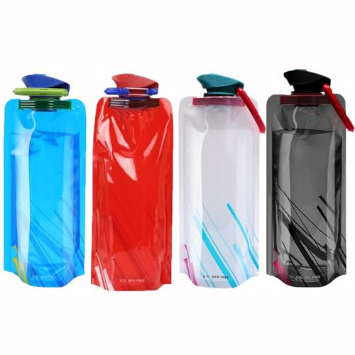 JunD Bouteille Pliable, 700ML Bouteilles d'eau Pliable Ensemble de 4 avec Crochet, Gourde Pliable, Bouteille Plate, Bouteilles d'eau Pliables Flexibles pour Voyager, Randonnée, Aventures