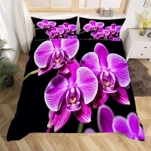 Orchidee Bettwäsche 155x220 cm Weich Mikrofaser Einfach Bettwäsche-Set mit Reißverschluss 3 Teilig Bettbezüge mit 2 Kissenbezug 80x80 cm