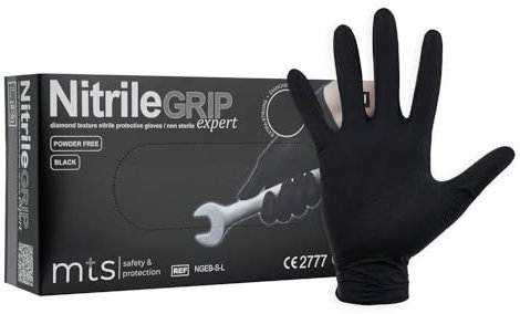 MTS Safety & Protection Einweghandschuhe M - 50 Stück/Box Nitrilhandschuhe Schwarz Handschuhe Nitril Diamantstruktur Grip - Einmalhandschuhe Puderfreie & Latexfreie Gummihandschuhe (M, 50 Stück)