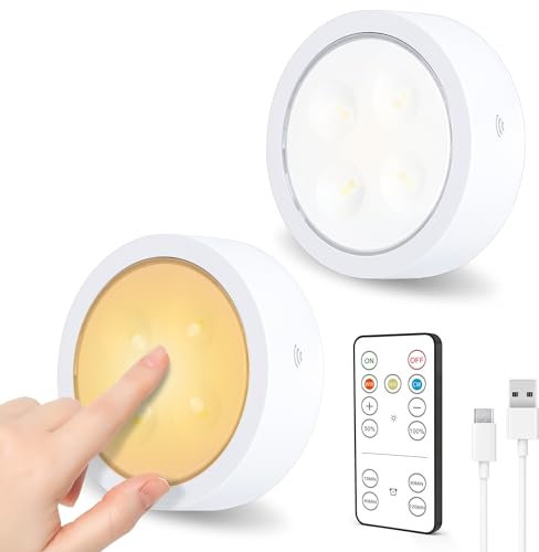 SOAIY 2 SETS Luces LED Adhesiva Recargables, Foco LED Inalámbrico con Mando a Distancia, 3 Colores Regulables y Función de Temporizador, Lámpara para Armario Cama Cocina